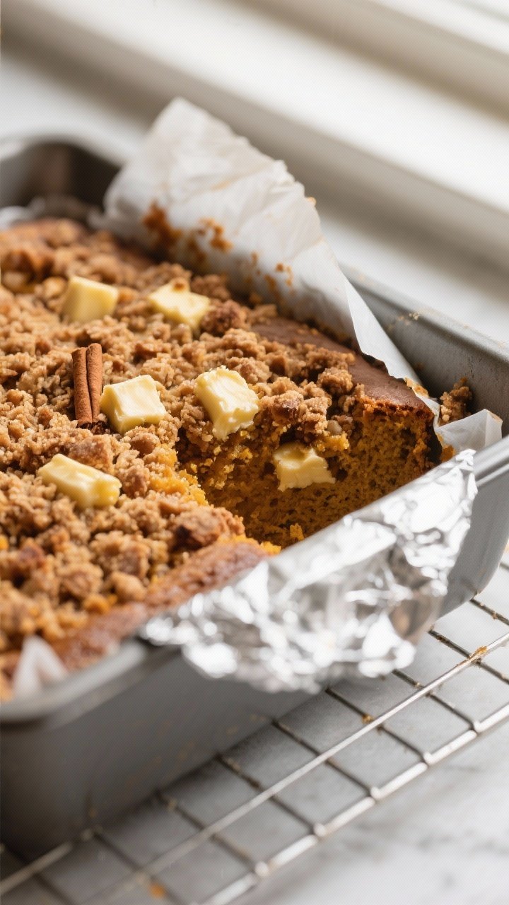 Close-up detail: Freshly baked pumpkin crumb cake still in the lined 8x8 pan, shot at a slight angle