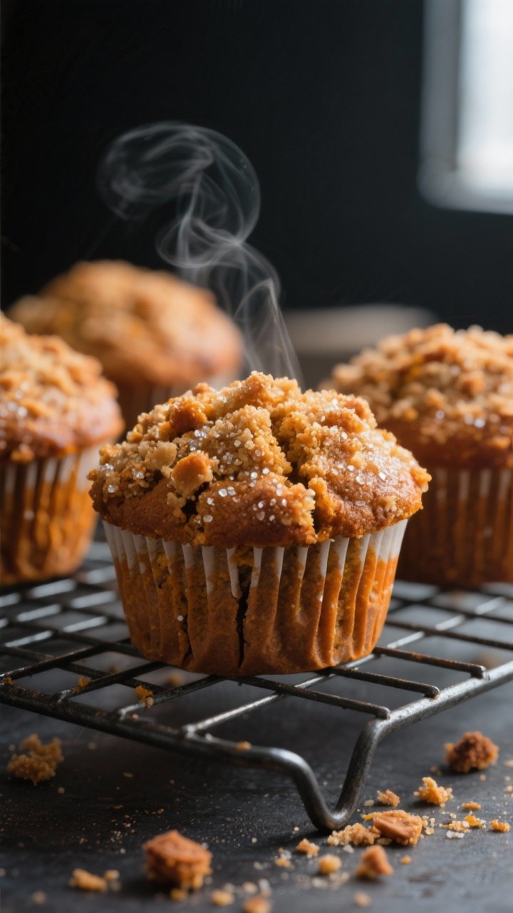 Close-up detail: Freshly baked pumpkin muffins with extra-thick cinnamon streusel, shot just after r