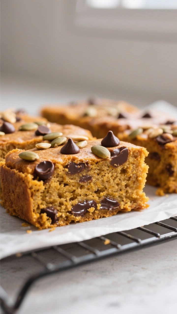Close-up detail: Freshly baked pumpkin protein bars just out of the pan, edges lightly golden and ce