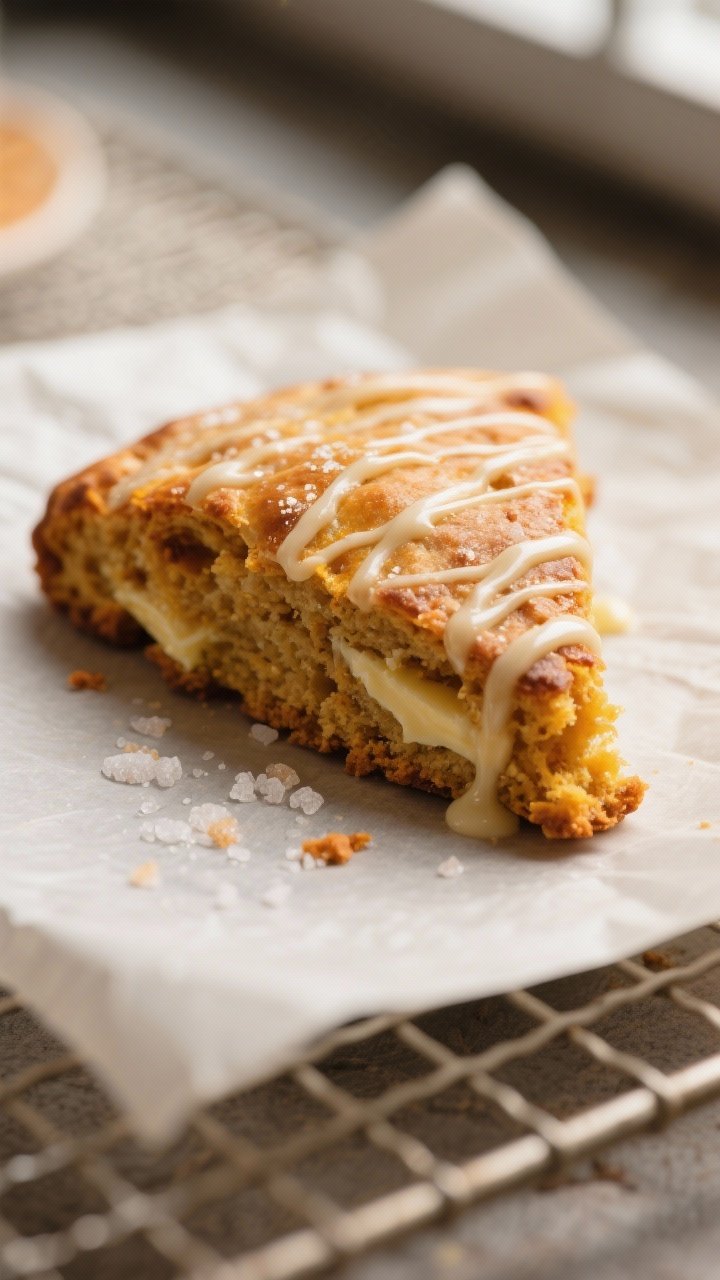 Close-up detail: Freshly baked pumpkin scone wedge with crisp, golden-brown edges and a tender, mois