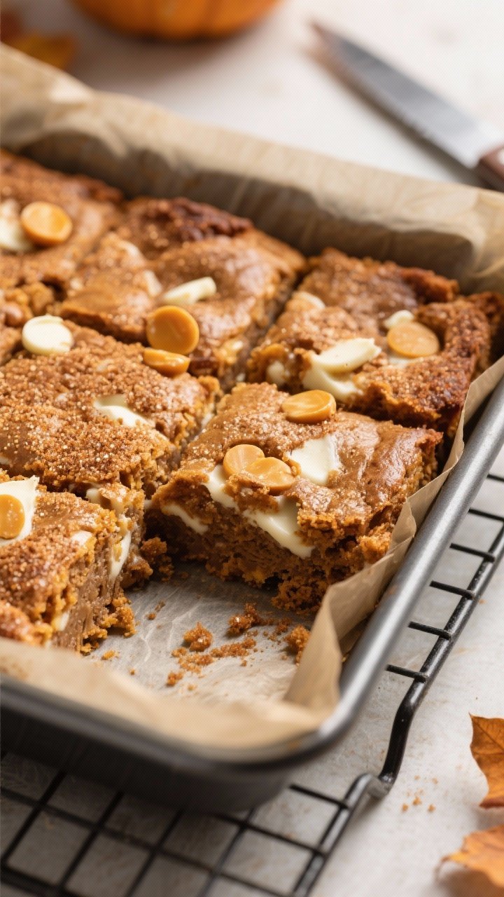 Close-up detail: Freshly baked Pumpkin Spice Blondies still in the parchment-lined 8x8 pan, edges cr