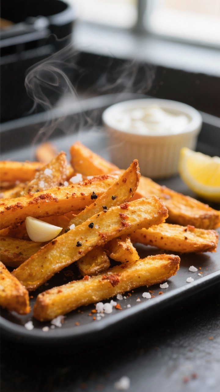Close-up detail: Golden, crispy butternut squash fries just out of the air fryer, edges deeply caram