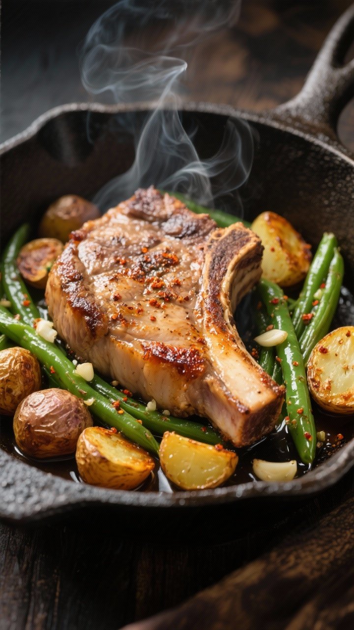 Close-up detail: Golden-seared bone-in pork chop nestled in a cast-iron skillet with caramelized bab