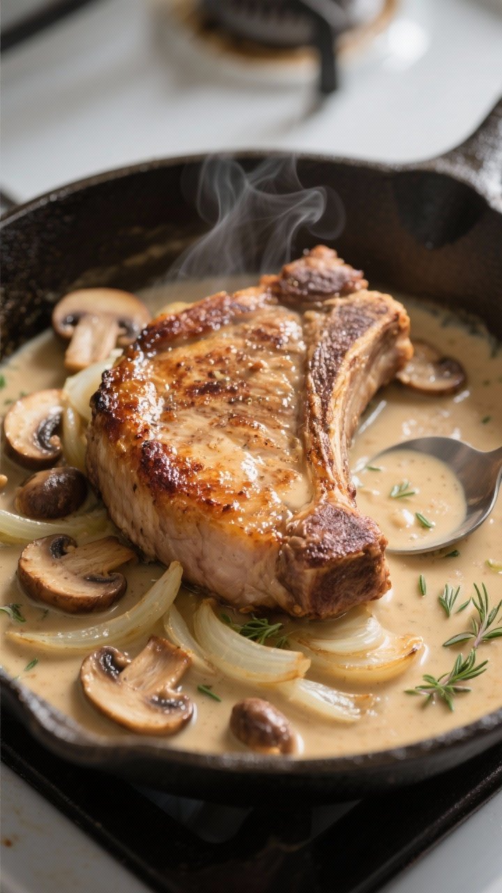 Close-up detail: Golden-seared bone-in pork chop nestled in a silky mushroom cream sauce in-skillet,