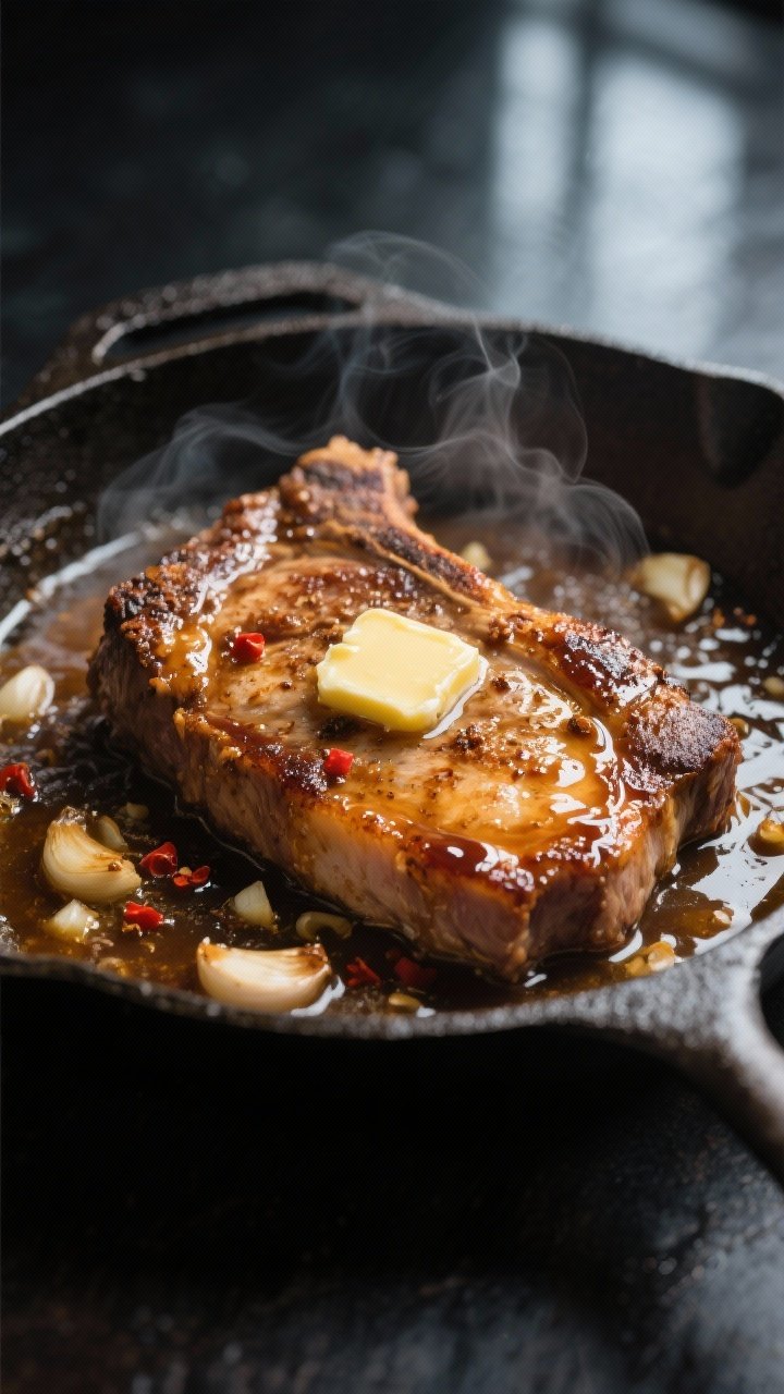 Close-up detail: Golden-seared honey garlic pork chops in a cast-iron skillet, chops glistening with
