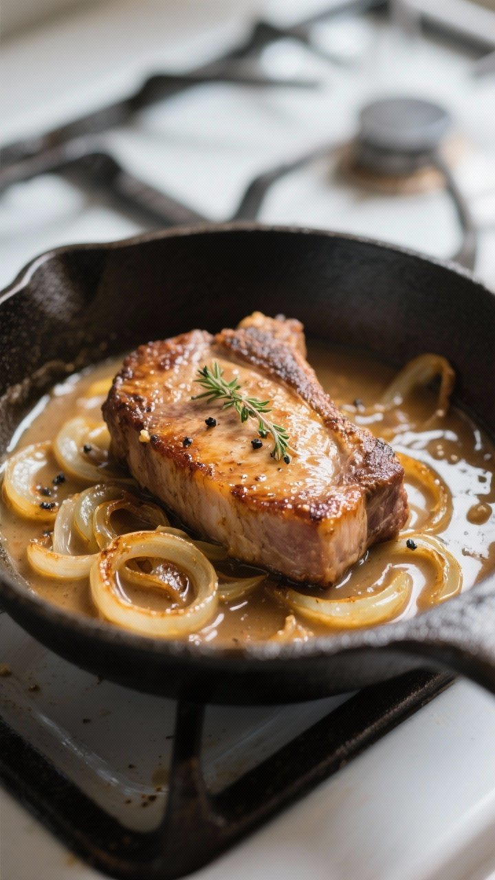 Close-up detail: Golden-seared pork chop nestled in silky onion gravy mid-simmer in a cast-iron skil
