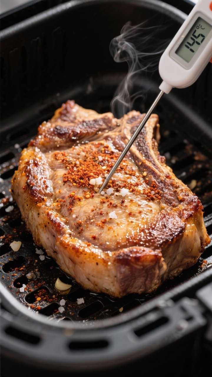 Close-up detail: Juicy air-fried pork chop just out of the basket, golden-brown crust with visible p