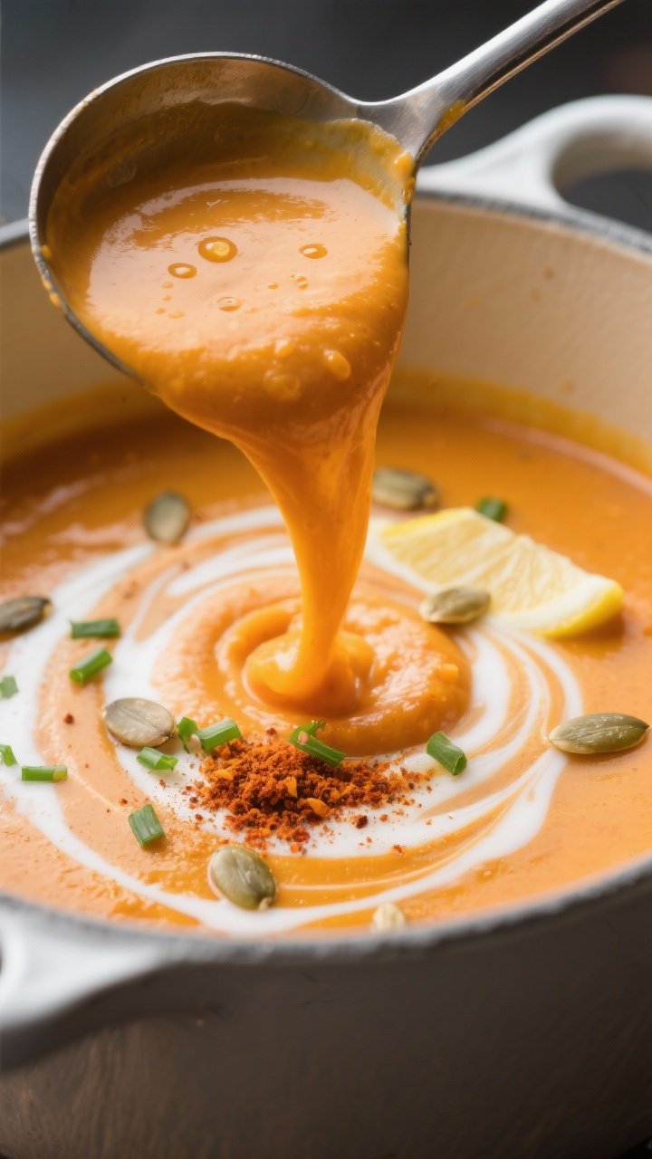 Close-up detail — Ladle pouring the finished creamy sweet potato–apple soup back into the pot, s