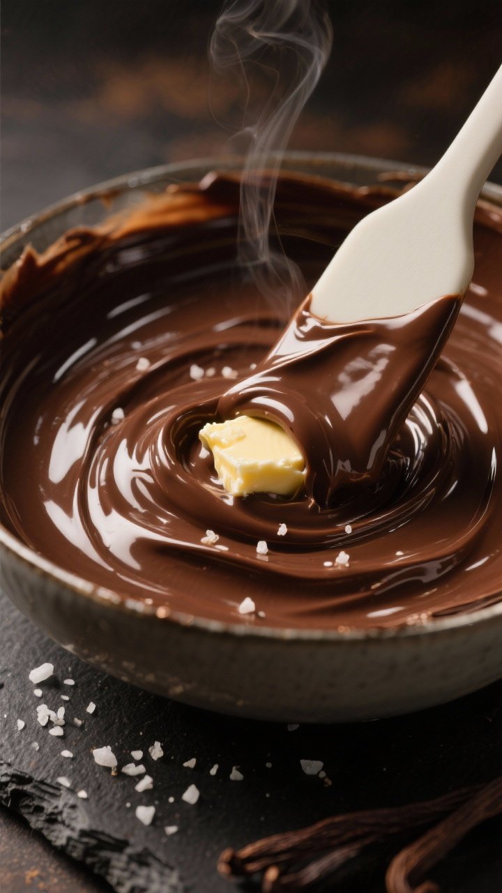 Close-up detail of glossy keto chocolate ganache just after butter is incorporated: thick, smooth, a
