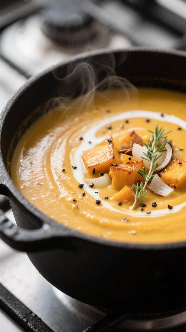 Close-up detail of velvety butternut squash soup mid-simmer in a matte black pot, showing a glossy, 