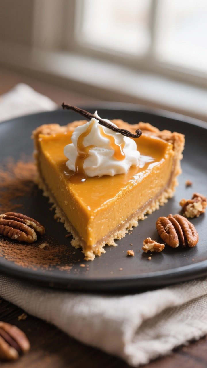 Close-up detail: Pumpkin pie bar square just sliced from the chilled slab, showing ultra-smooth cust