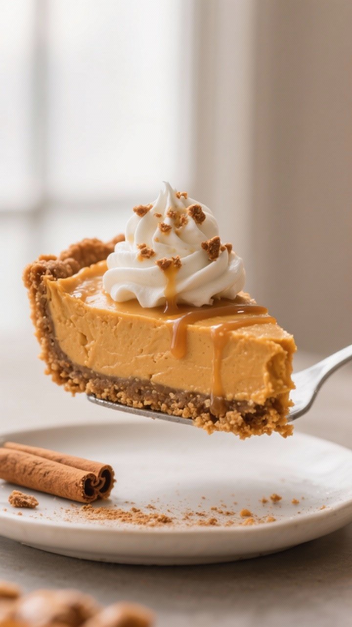 Close-up detail shot: A clean slice of no-bake pumpkin pie bar lifted slightly from the pan, showing