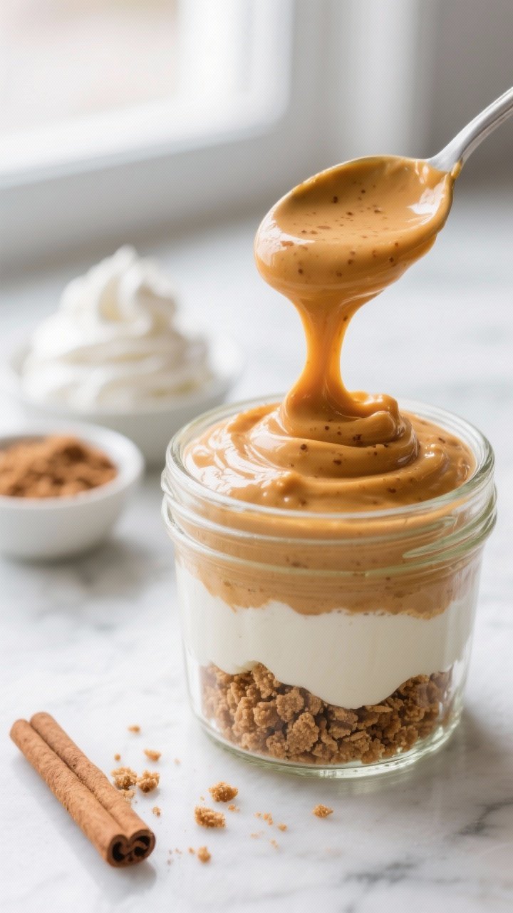 Close-up detail shot: A clear glass jar mid-assembly of Pumpkin Pudding Parfait, showing a neat laye
