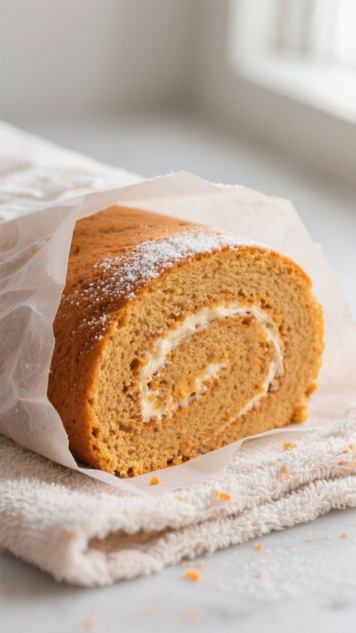 Close-up detail shot: A freshly baked keto pumpkin sponge just after unrolling from a towel, surface