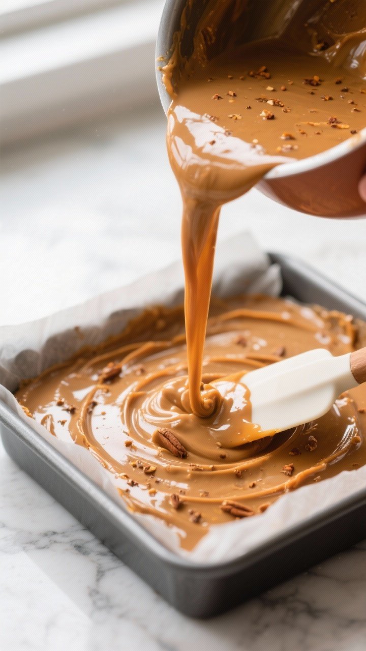 Close-up detail shot: A glossy stream of warm, fully combined keto pumpkin fudge base being poured f