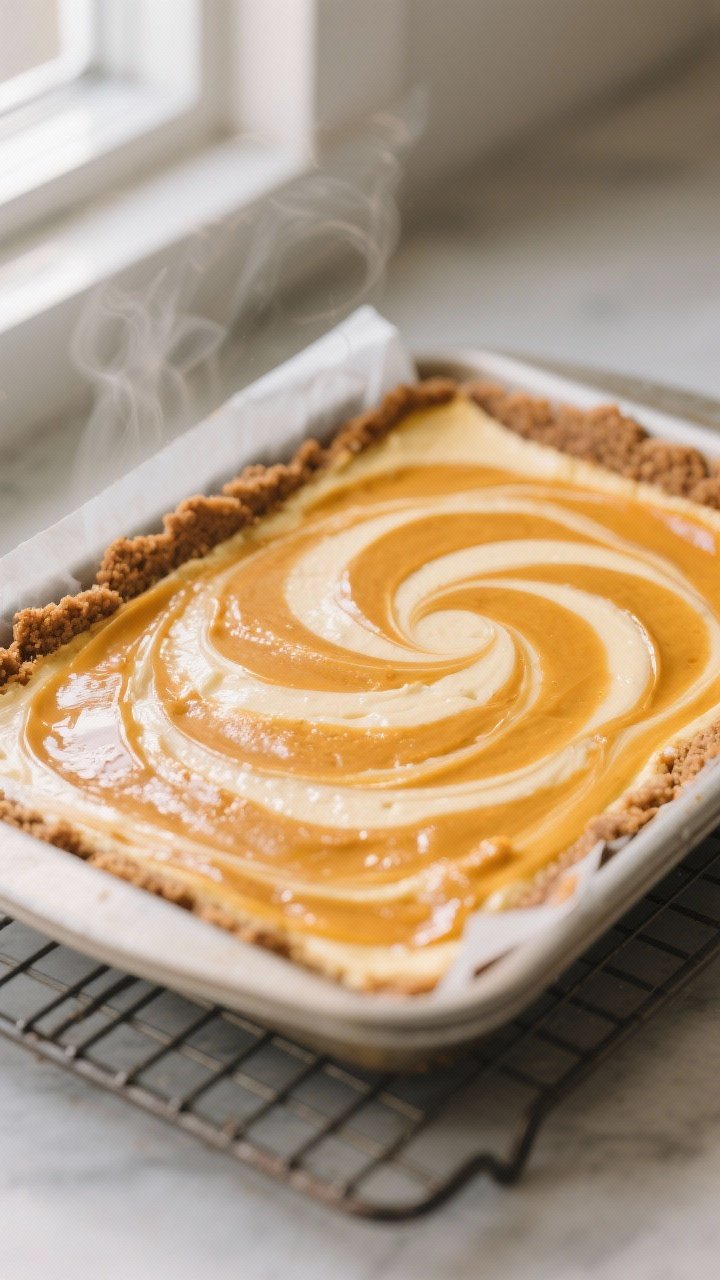Close-up detail shot: A just-baked pan of Pumpkin Cheesecake Bars cooling on a wire rack, showing se