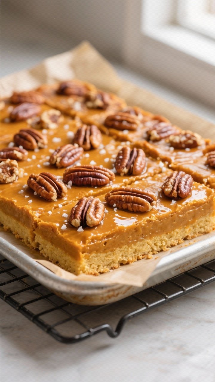 Close-up detail shot: A just-baked tray of pumpkin pecan bars cooling on a wire rack, surface covere