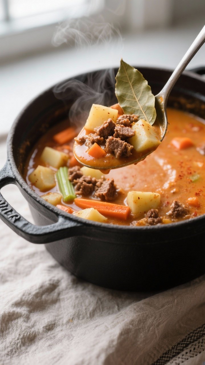 Close-up detail shot: A ladle lifting creamy smoked paprika hamburger potato soup from a Dutch oven,