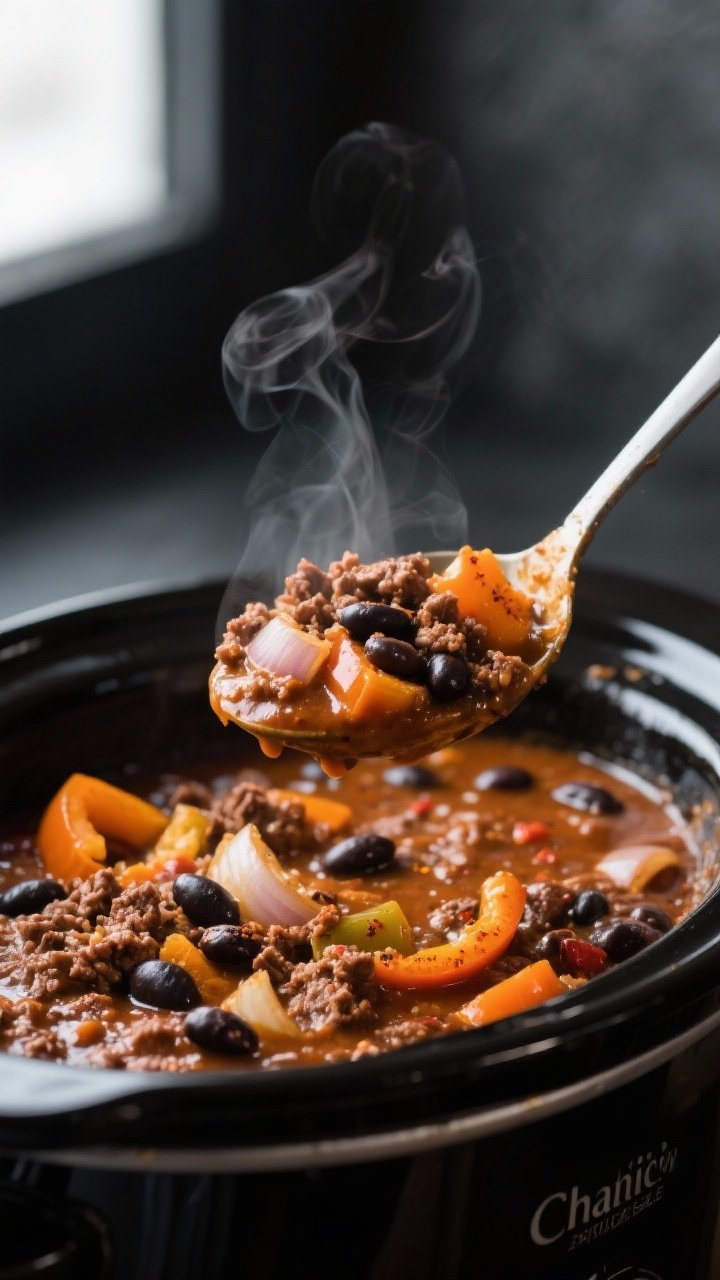 Close-up detail shot: A ladle lifting slow-cooked pumpkin chili from a matte-black crockpot, showcas