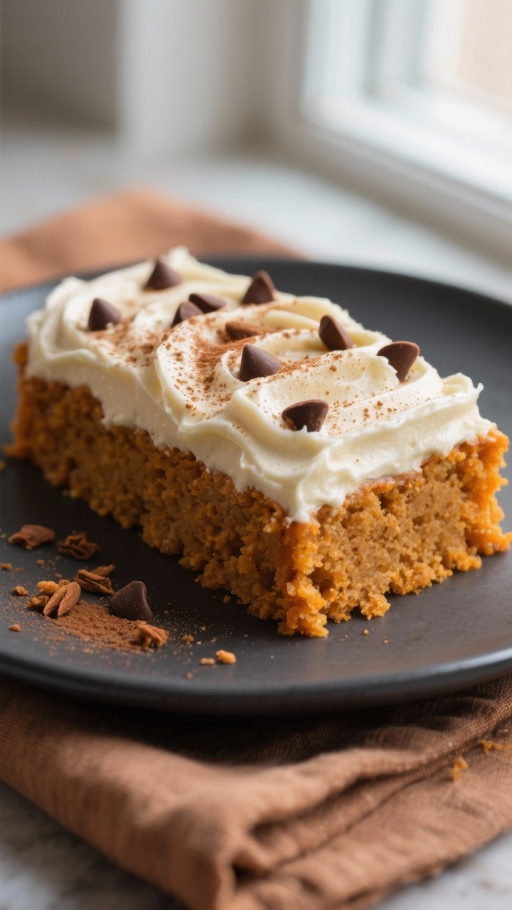Close-up detail shot: A sliced vegan pumpkin bar with a plush, tender crumb and moist interior, topp
