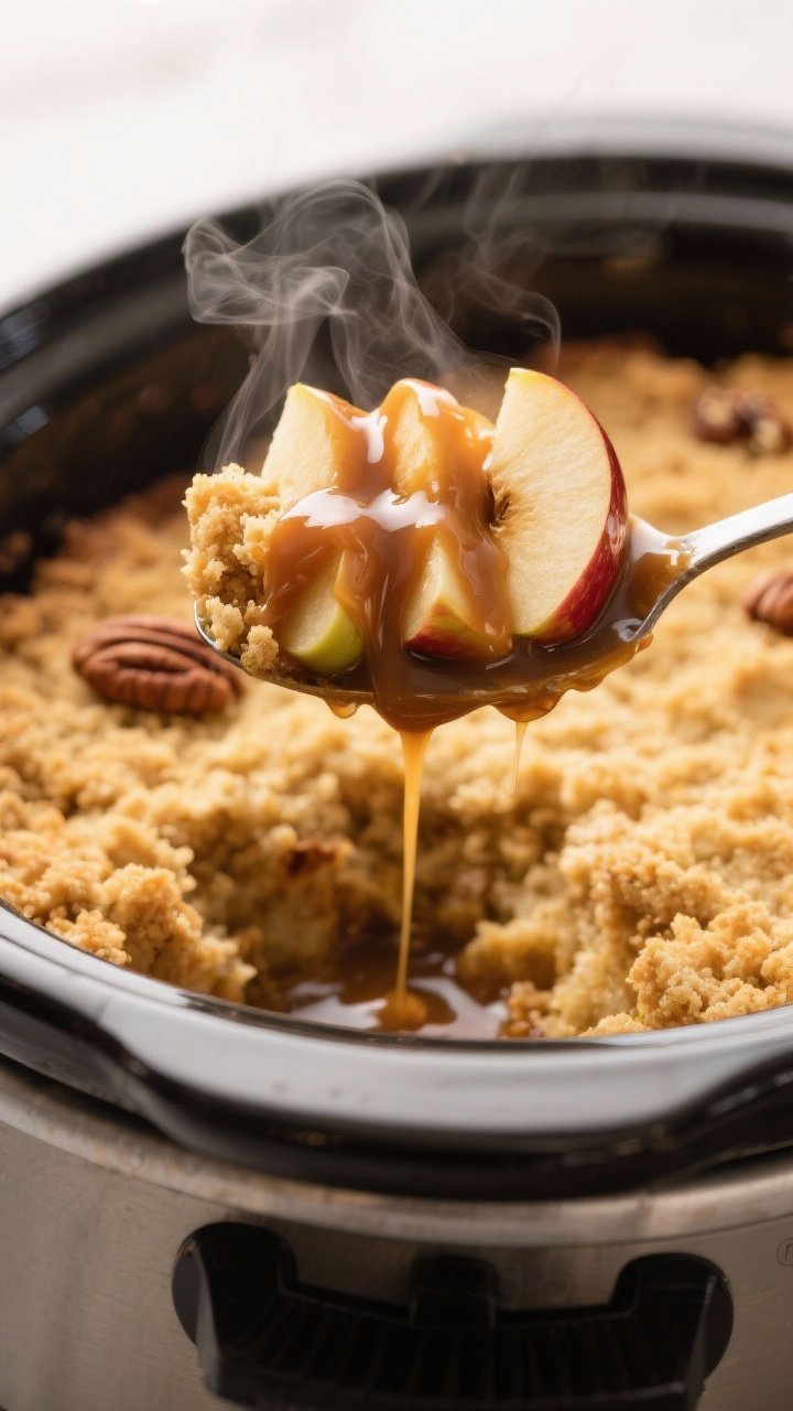 Close-up detail shot: a spoonful of slow cooker caramel apple dump cake being lifted from the cooker