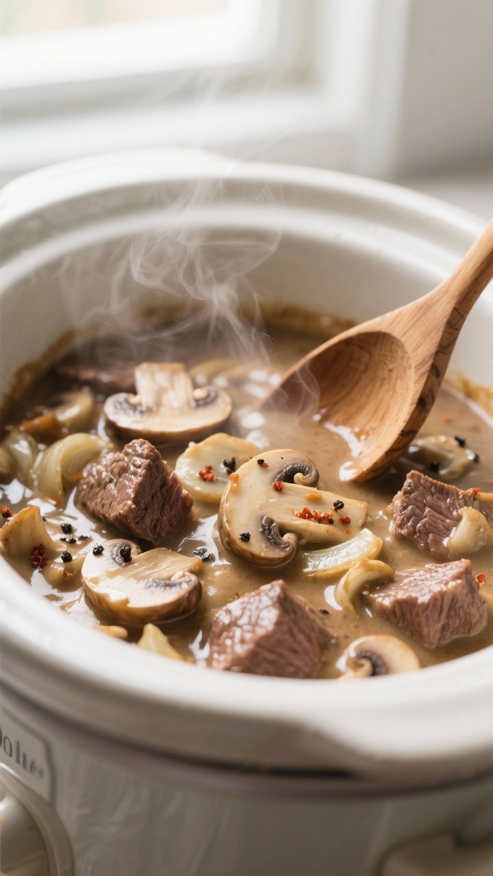 Close-up detail shot: Fork-tender chunks of seared beef nestled in a silky mushroom and onion sauce 