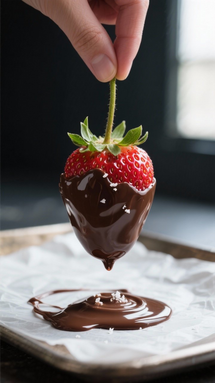Close-up detail shot: Glossy keto chocolate-coated strawberry held by its leafy stem above a parchme