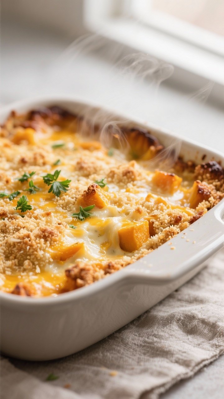 Close-up detail shot: golden, bubbly-topped Cheesy Butternut Squash Casserole just out of the oven, 