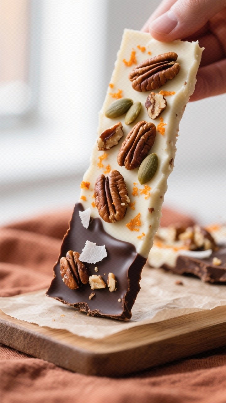 Close-up detail shot of a fully set Keto Pumpkin Spice Bark shard being held upright on a parchment-