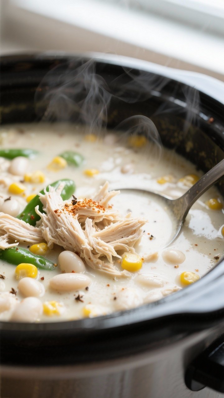 Close-up detail shot of creamy white chicken chili just after shredding and stirring in dairy: tende