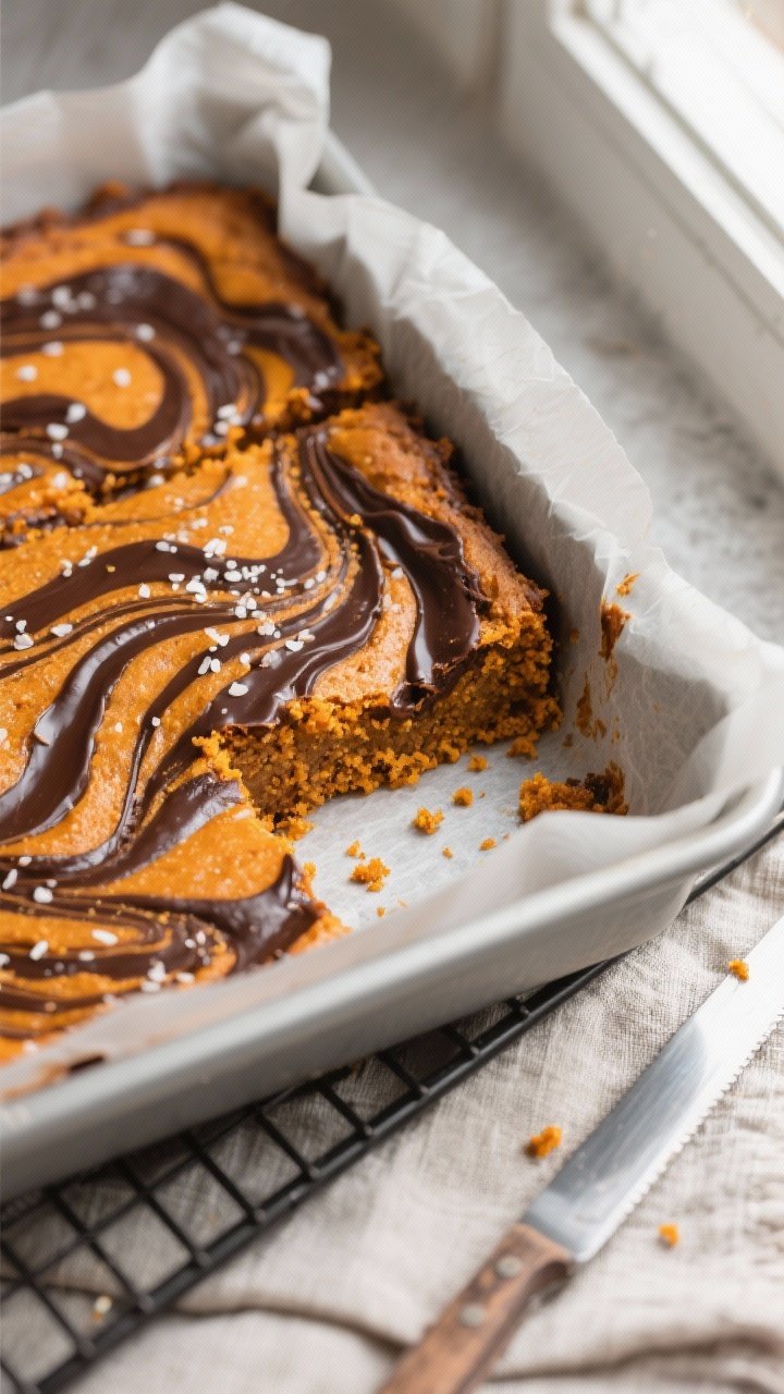 Close-up detail shot of freshly baked Chocolate Swirl Pumpkin Bars still in the parchment-lined 9x9 
