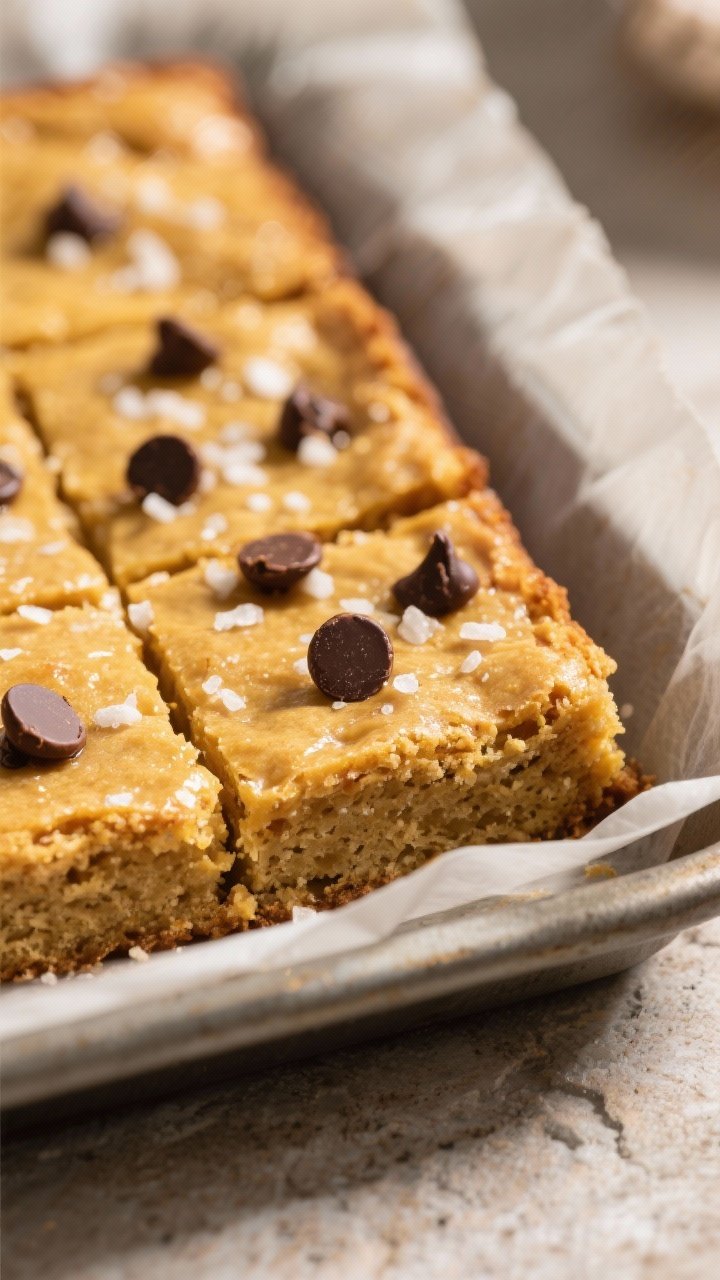Close-up detail shot of freshly baked keto brown butter blondies just out of the pan: golden, set ed