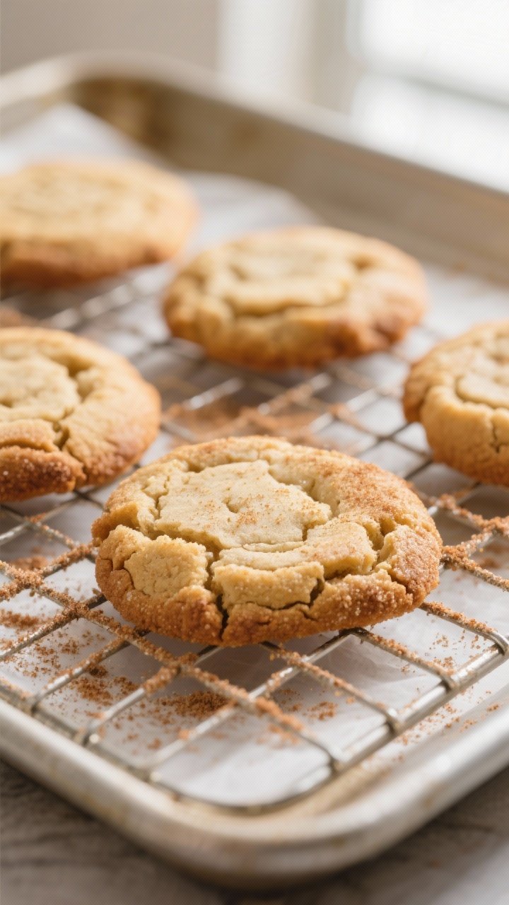 Close-up detail shot of freshly baked keto snickerdoodle cookies cooling on a wire rack, showing cra