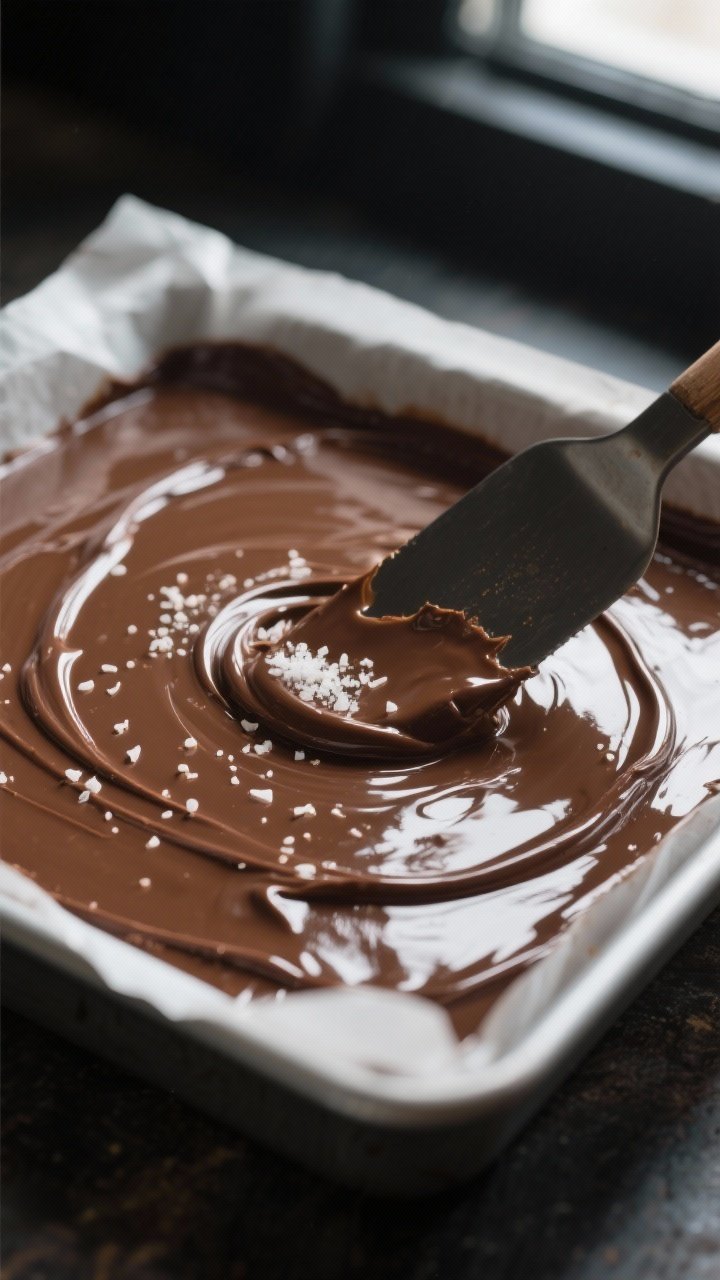 Close-up detail shot of glossy keto chocolate fudge being smoothed into a parchment-lined 8x8-inch p