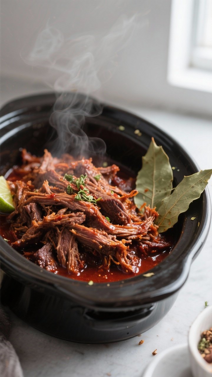 Close-up detail shot: Shredded barbacoa beef just returned to the crockpot and glistening in its ric