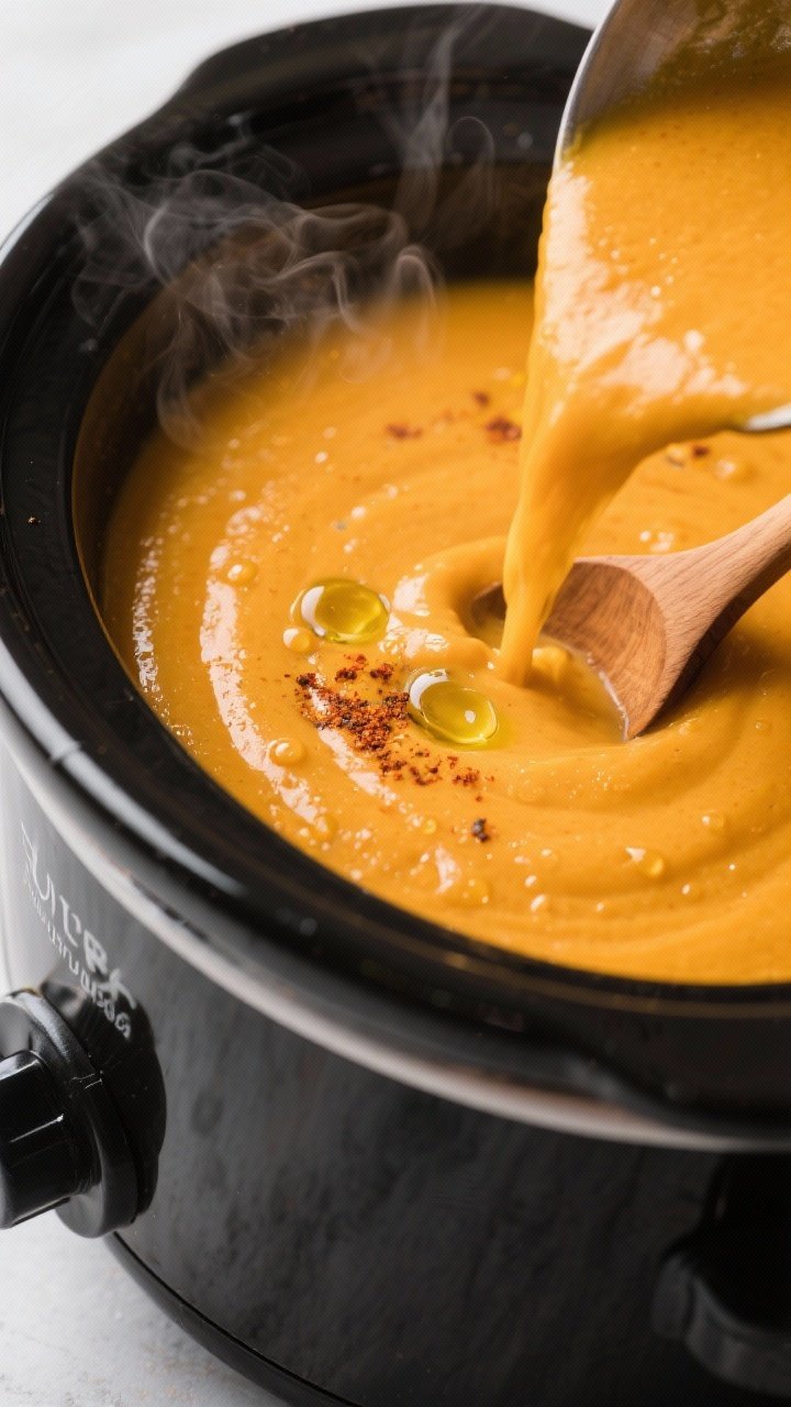 Close-up detail shot: Silky blended butternut squash soup being poured back into the slow cooker aft
