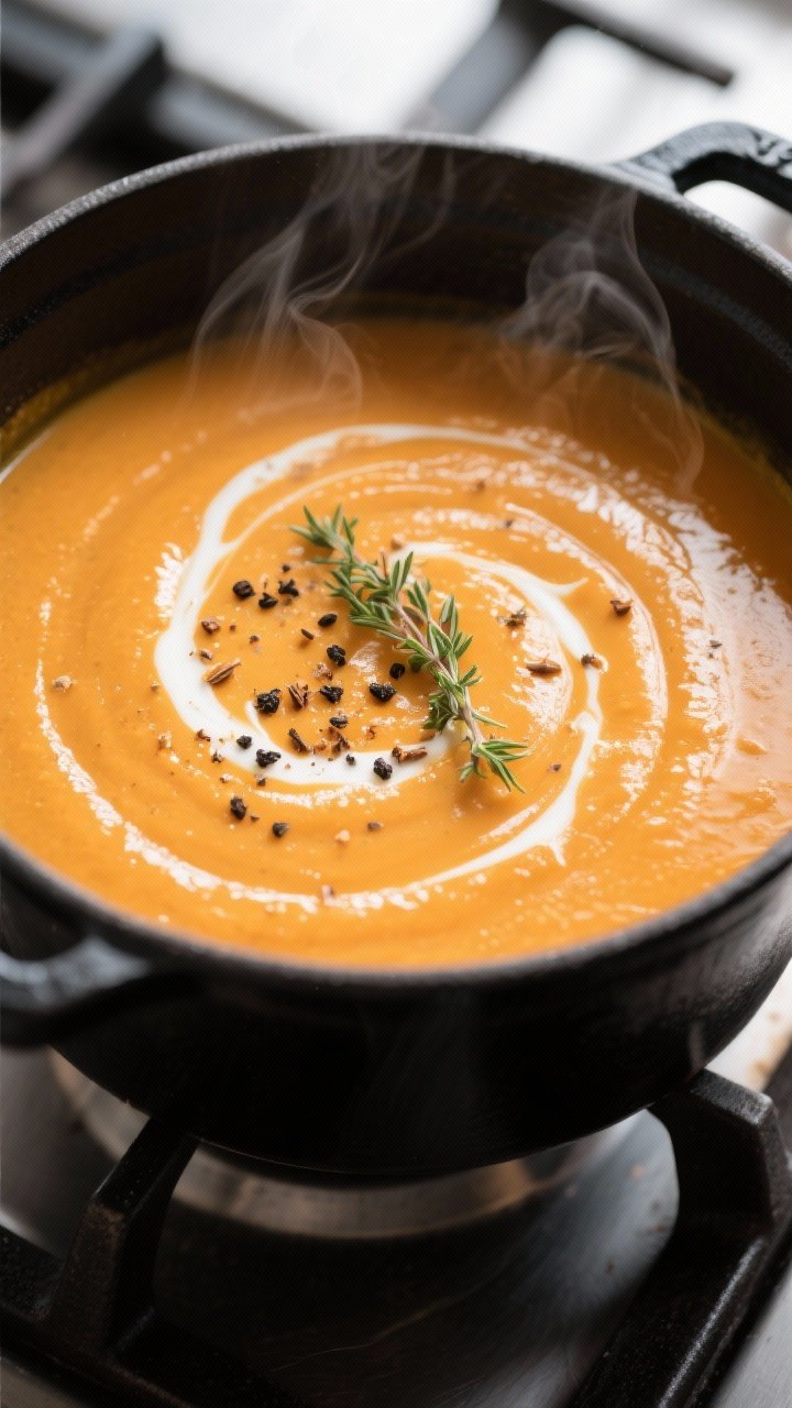 Close-up detail shot: Silky butternut squash bisque mid-simmer in a matte black Dutch oven, surface 