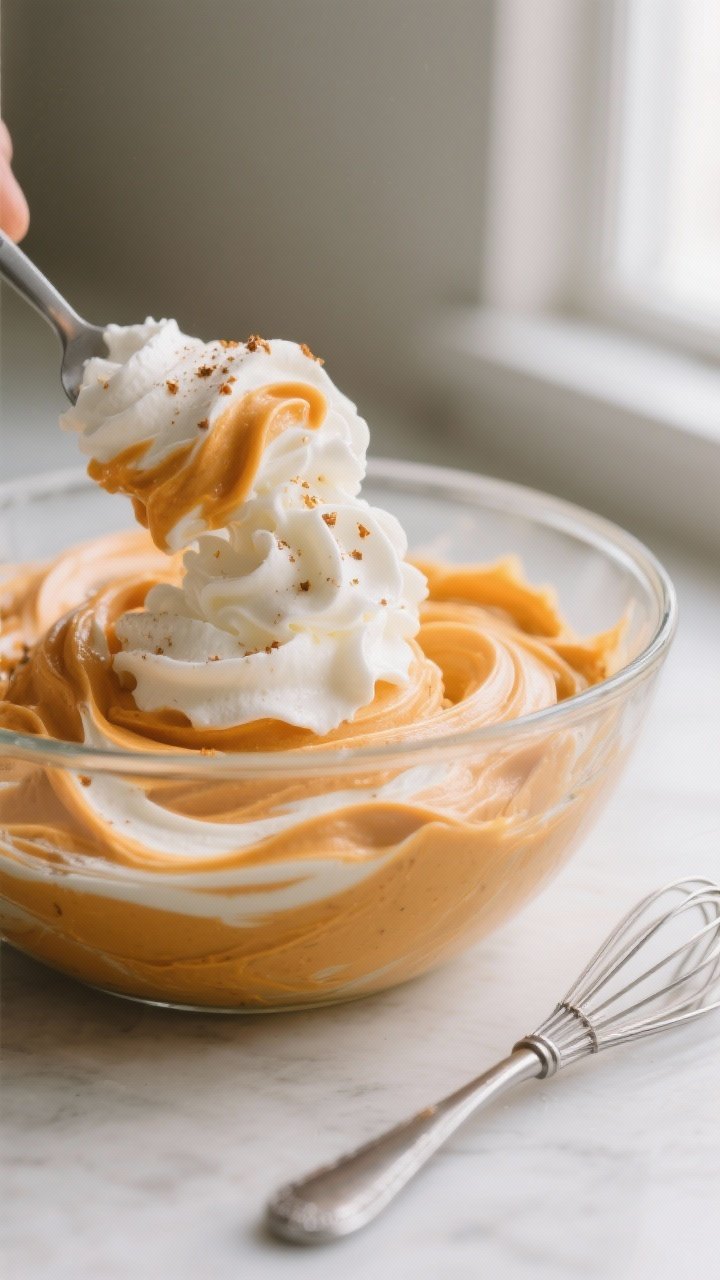 Close-up detail shot: Silky pumpkin mousse being gently folded with whipped cream in a glass mixing 