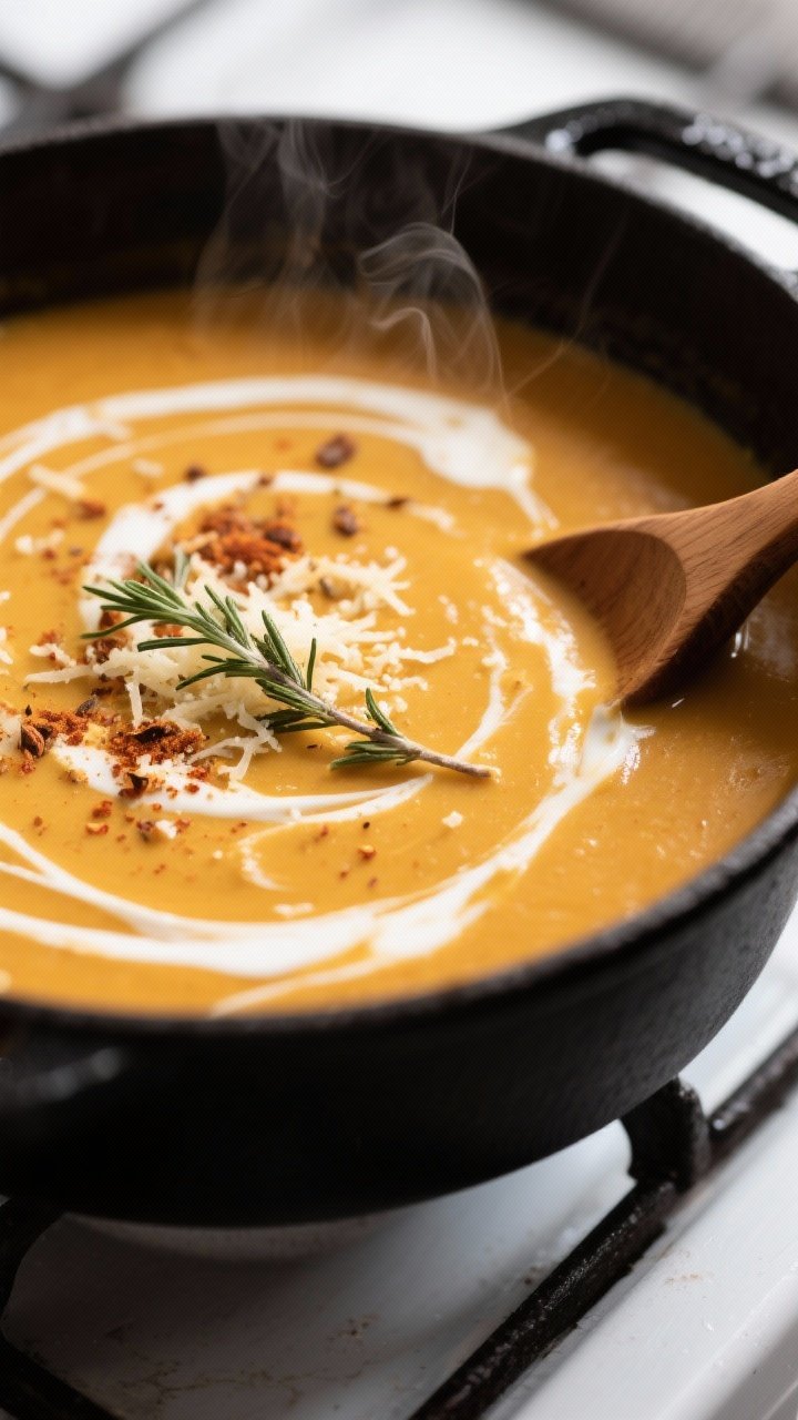 Close-up detail shot: Silky pumpkin soup mid-simmer in a matte black Dutch oven, surface swirling as