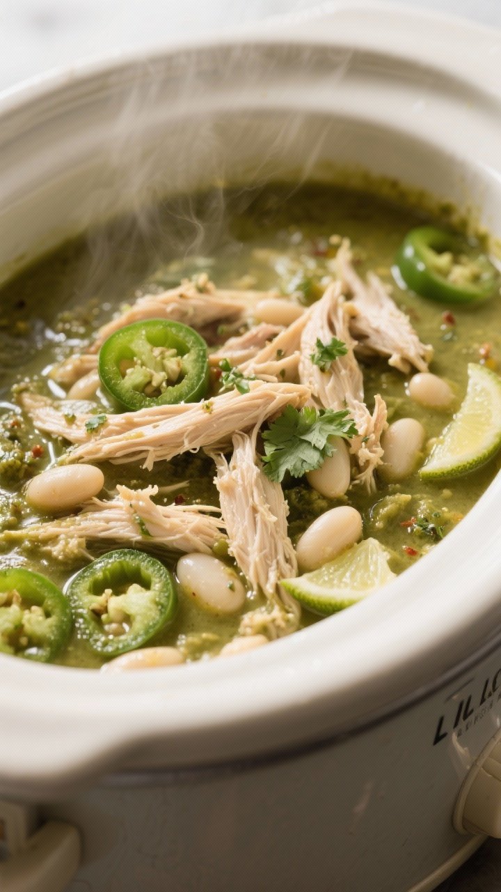 Close-up detail: Shredded chicken simmering in glossy green chili verde sauce inside a crockpot, ten