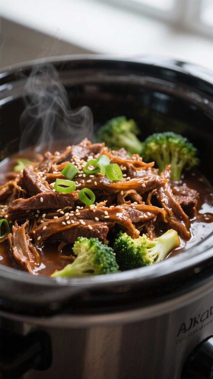 Close-up detail: Shredded slow-cooker teriyaki beef being folded back into its glossy, thickened sau