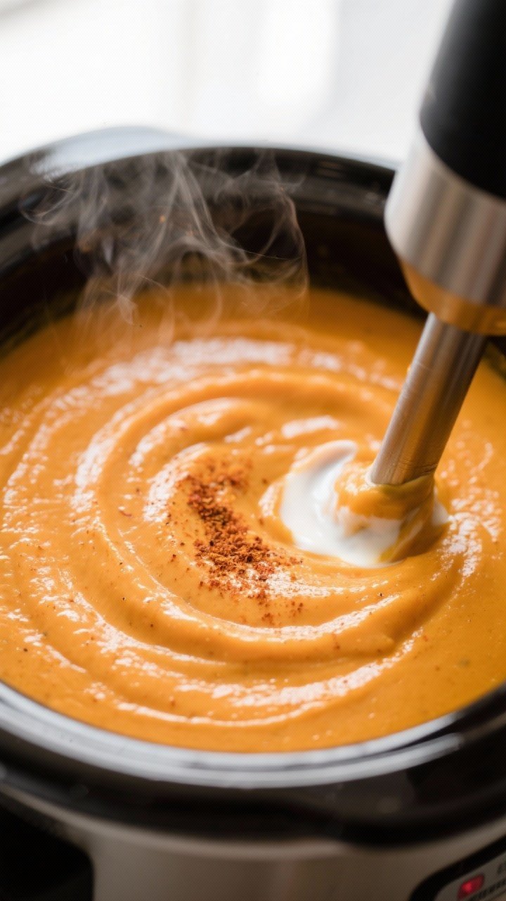 Close-up detail: Silky blended sweet potato soup being swirled in the slow cooker with an immersion 