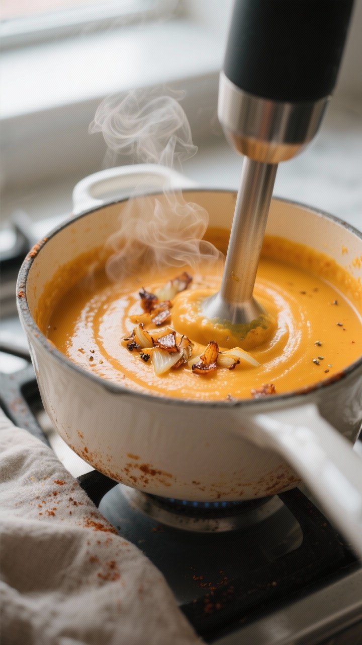 Close-up detail: Silky roasted butternut squash soup being blended in a pot with an immersion blende