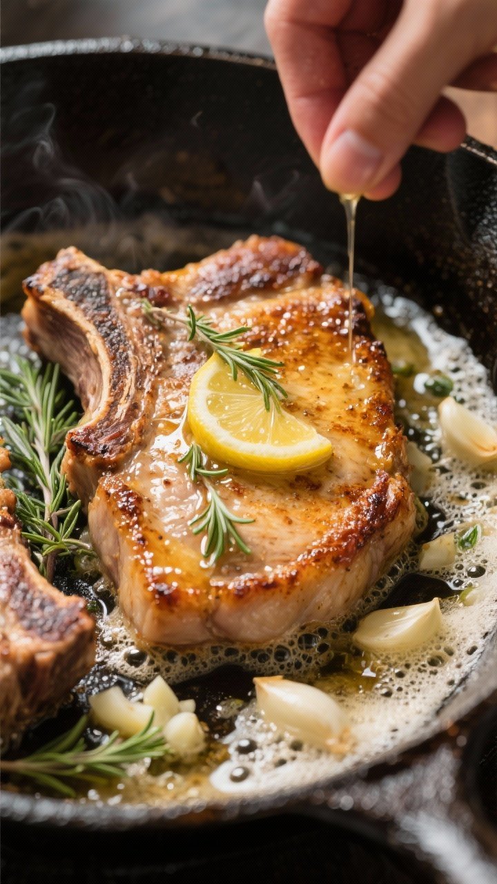 Close-up detail: Sizzling garlic butter pork chops mid-baste in a cast-iron skillet, golden-brown cr
