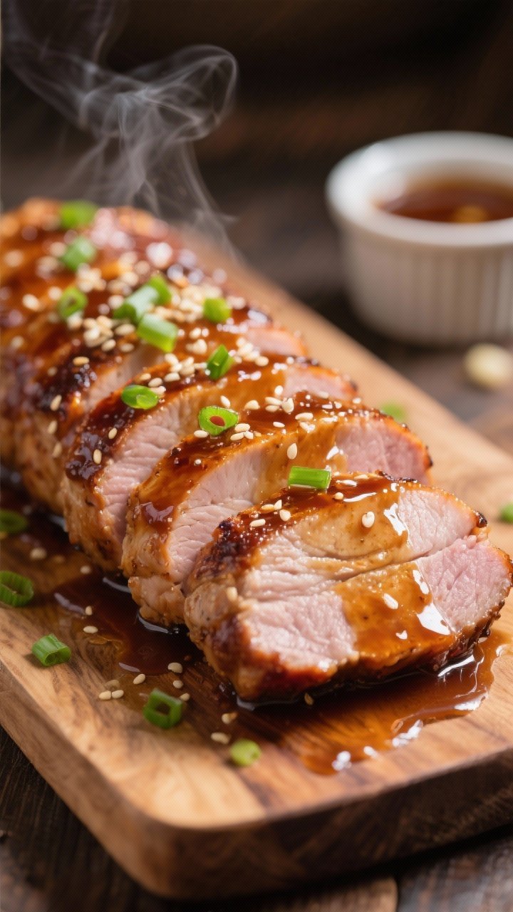 Close-up detail: Sliced slow cooker honey garlic pork tenderloin resting on a wooden board, glisteni