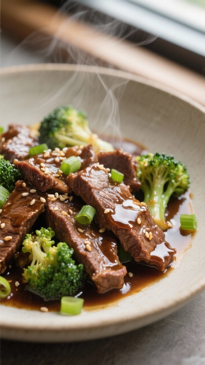 Close-up detail: Slices of slow-cooked beef glistening in a glossy, thickened soy–brown sugar–oy