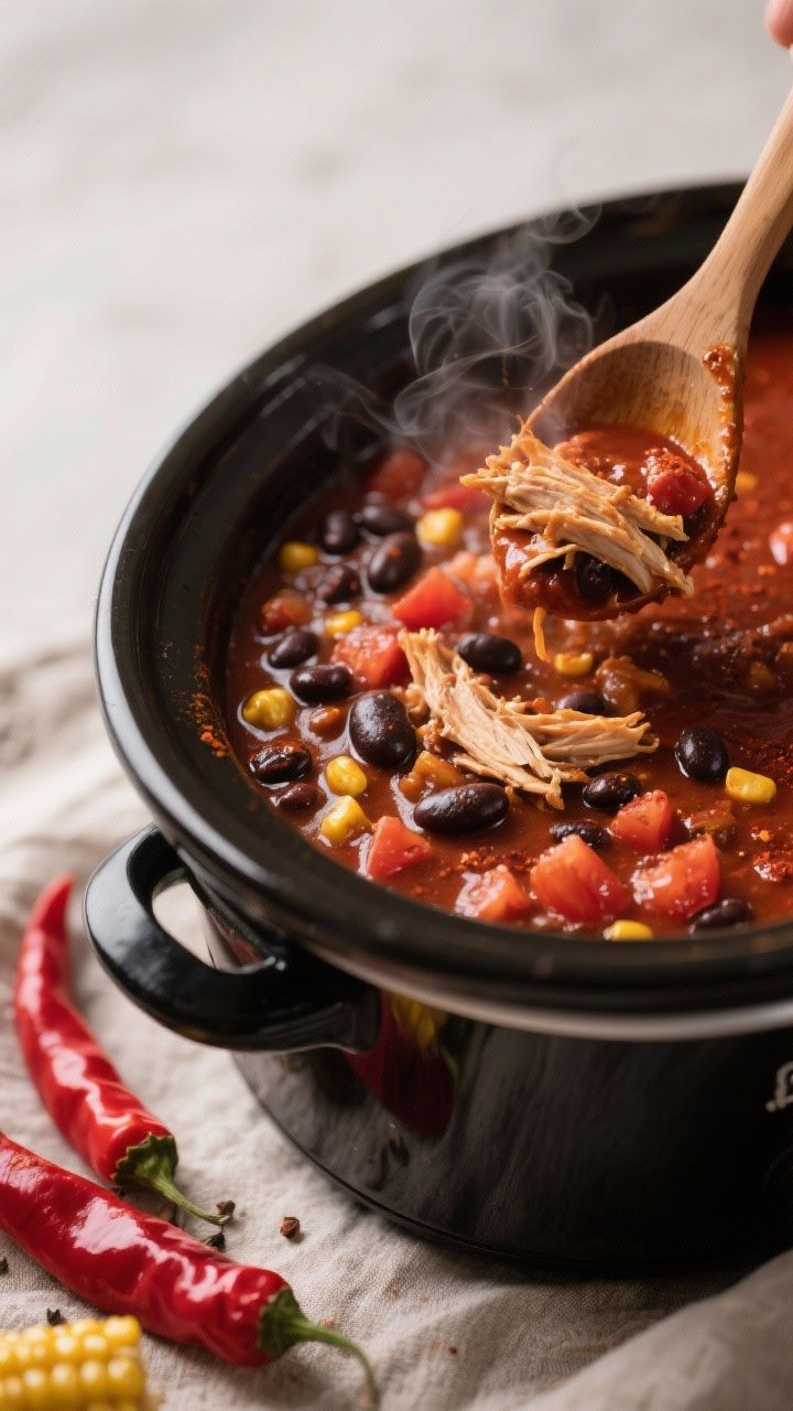 Close-up detail: Slow cooker BBQ chicken chili mid-cook with shredded chicken being stirred back int
