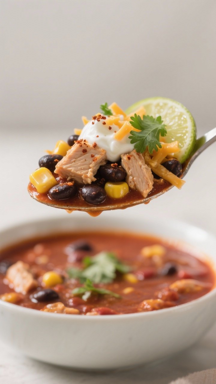 Close-up detail — Spoonful of chili with toppings: Extreme close-up of a heaping spoonful lifted a
