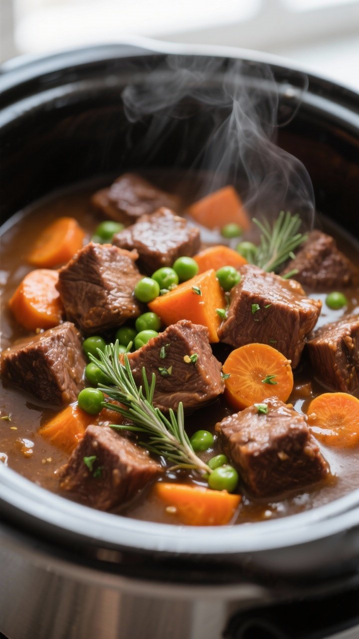 Close-up detail: Tender beef chuck cubes nestled with orange sweet potato chunks and carrot rounds i
