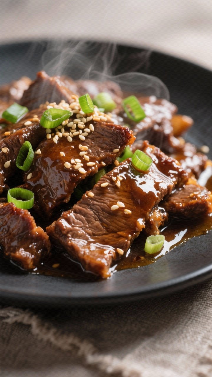 Close-up detail: Tender slices of slow-cooked Mongolian beef glistening in a glossy soy-brown sugar 
